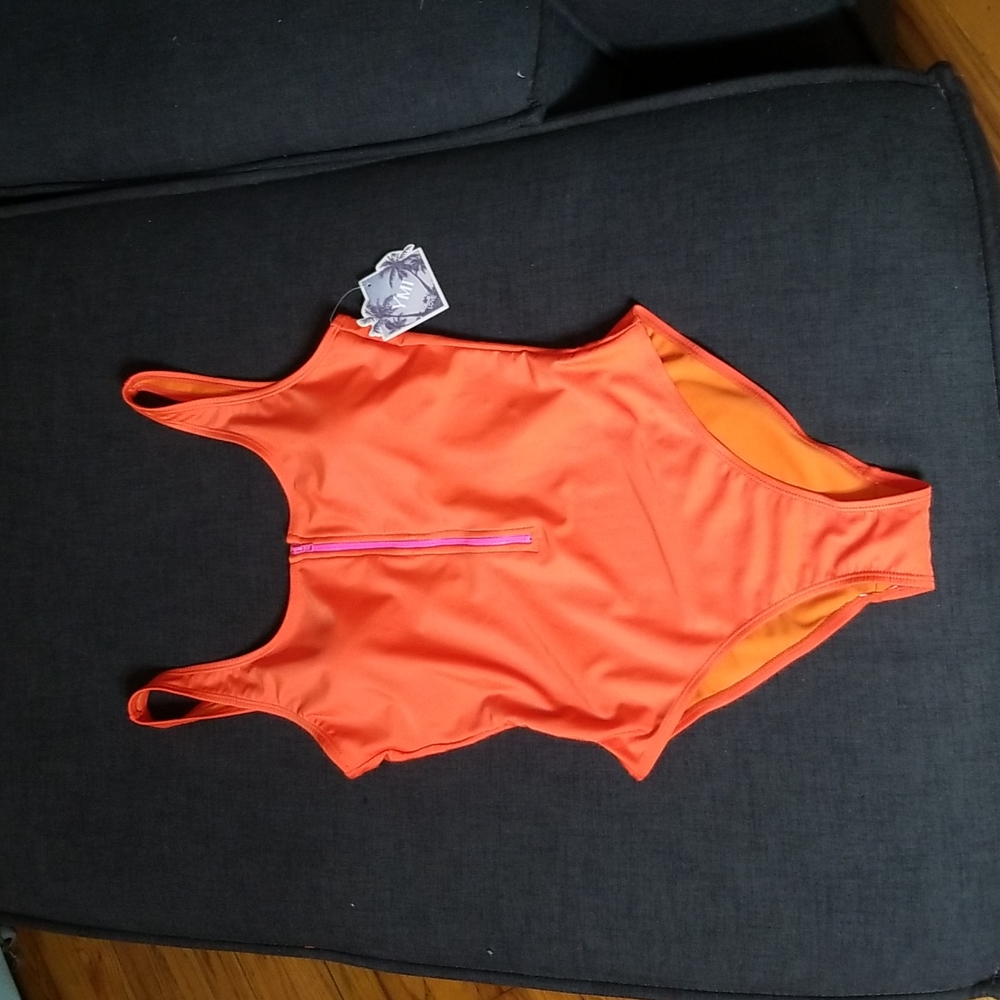 NWT YMI Neon Orange One Piece Swimsuit W/ Zip Up Front SzL